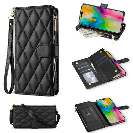 For iPhone 16 Pro Max Case Rhombus Stitching Leather Wallet Phone Cover with Long  /  Short Strap