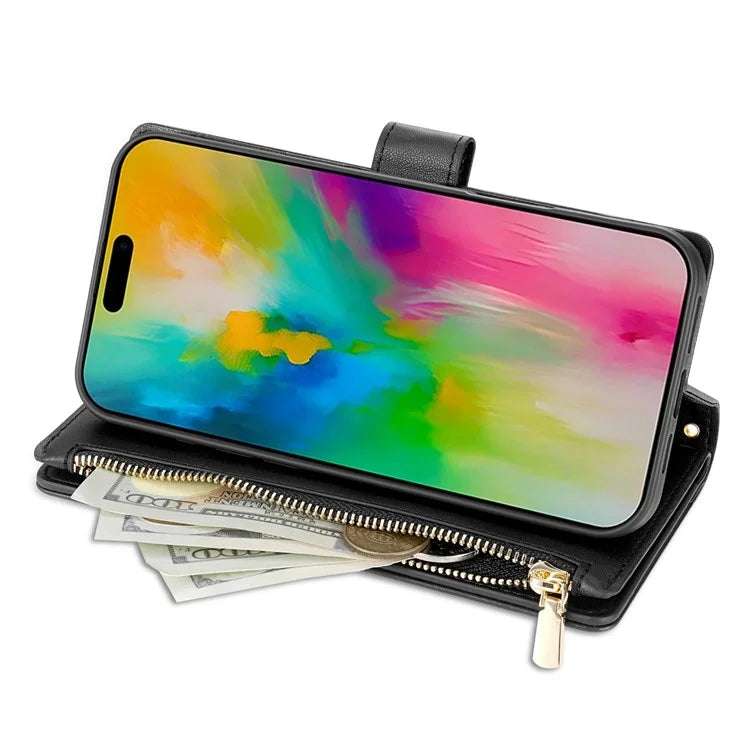 For iPhone 16 Pro Max Case Rhombus Stitching Leather Wallet Phone Cover with Long  /  Short Strap