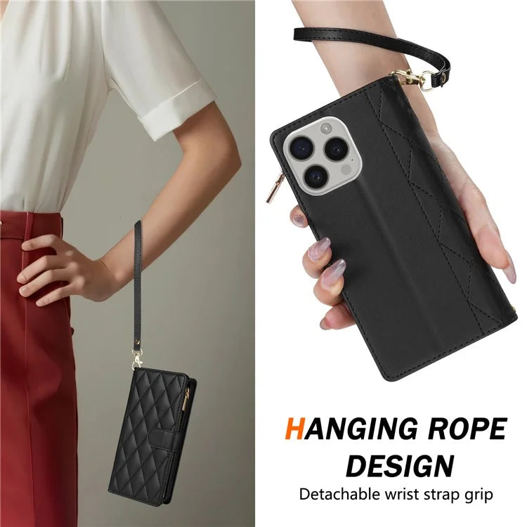 For iPhone 16 Pro Max Case Rhombus Stitching Leather Wallet Phone Cover with Long  /  Short Strap