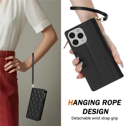 For iPhone 16 Pro Max Case Rhombus Stitching Leather Wallet Phone Cover with Long  /  Short Strap