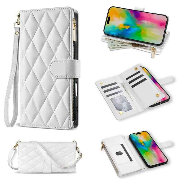 For iPhone 16 Pro Max Case Rhombus Stitching Leather Wallet Phone Cover with Long  /  Short Strap