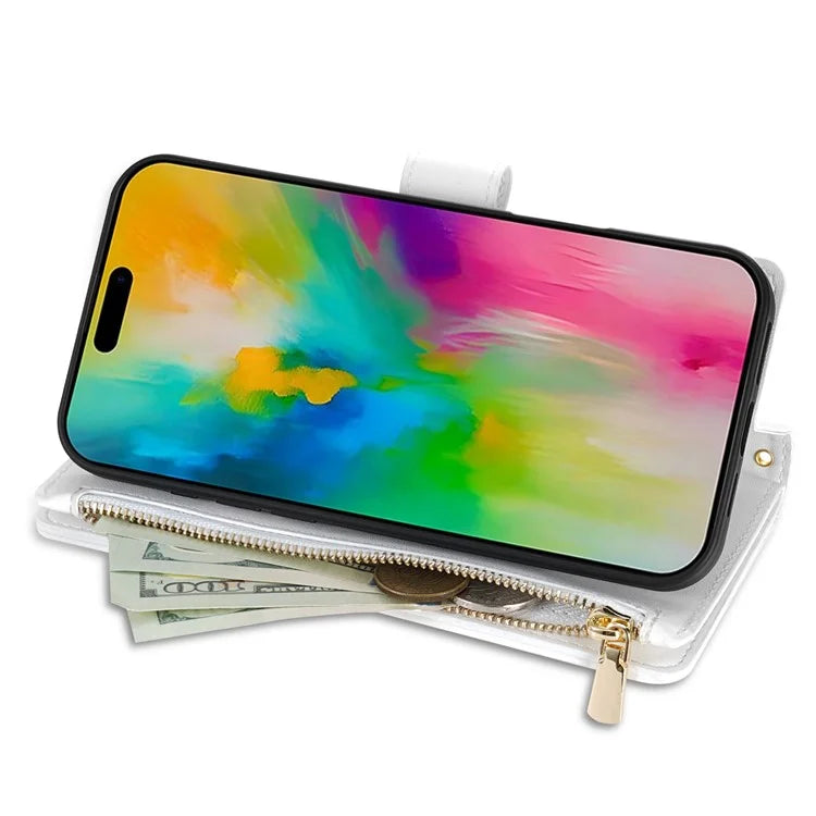 For iPhone 16 Pro Max Case Rhombus Stitching Leather Wallet Phone Cover with Long  /  Short Strap
