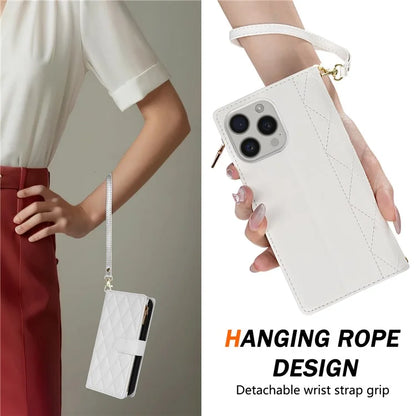 For iPhone 16 Pro Max Case Rhombus Stitching Leather Wallet Phone Cover with Long  /  Short Strap