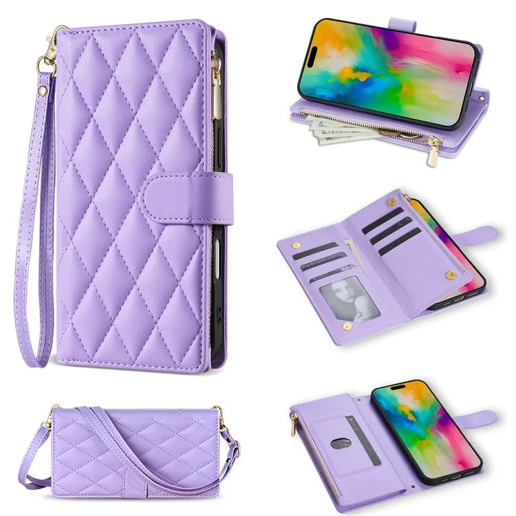 For iPhone 16 Pro Max Case Rhombus Stitching Leather Wallet Phone Cover with Long  /  Short Strap