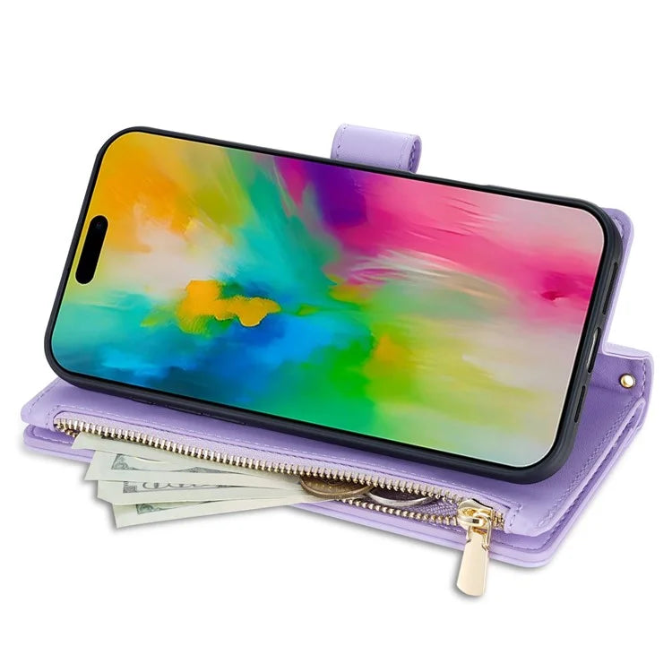 For iPhone 16 Pro Max Case Rhombus Stitching Leather Wallet Phone Cover with Long  /  Short Strap