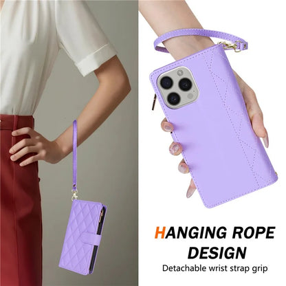 For iPhone 16 Pro Max Case Rhombus Stitching Leather Wallet Phone Cover with Long  /  Short Strap
