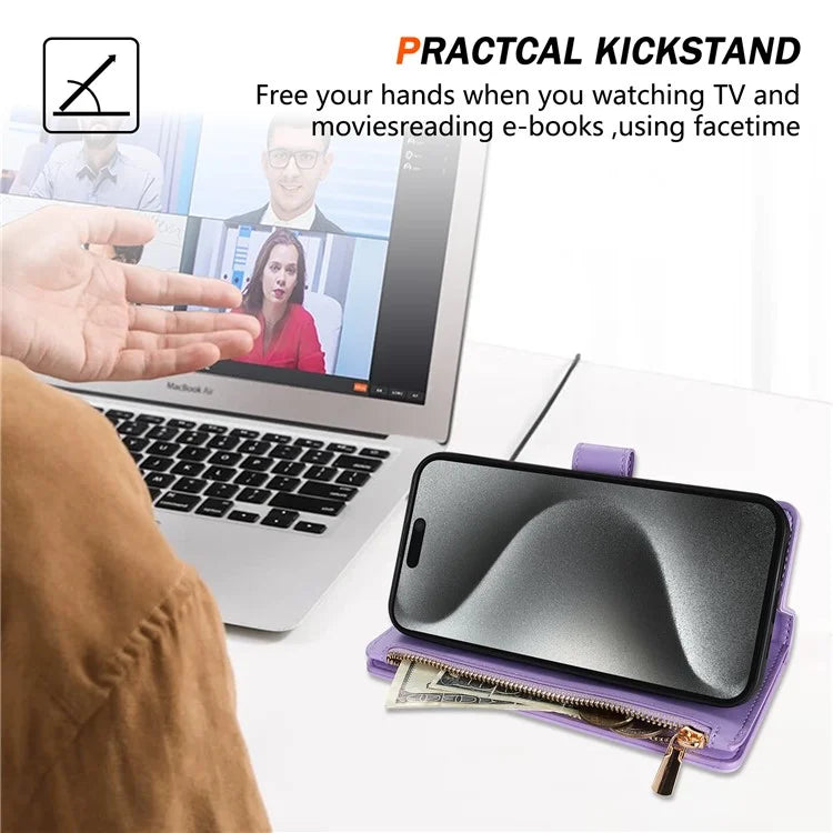 For iPhone 16 Pro Max Case Rhombus Stitching Leather Wallet Phone Cover with Long  /  Short Strap