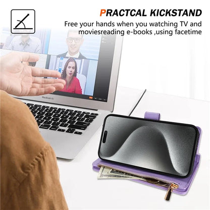 For iPhone 16 Pro Max Case Rhombus Stitching Leather Wallet Phone Cover with Long  /  Short Strap
