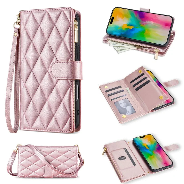 For iPhone 16 Pro Max Case Rhombus Stitching Leather Wallet Phone Cover with Long  /  Short Strap