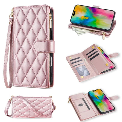 For iPhone 16 Pro Max Case Rhombus Stitching Leather Wallet Phone Cover with Long  /  Short Strap
