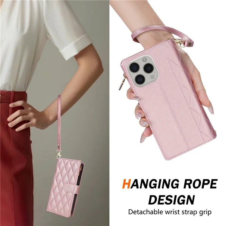 For iPhone 16 Pro Max Case Rhombus Stitching Leather Wallet Phone Cover with Long  /  Short Strap