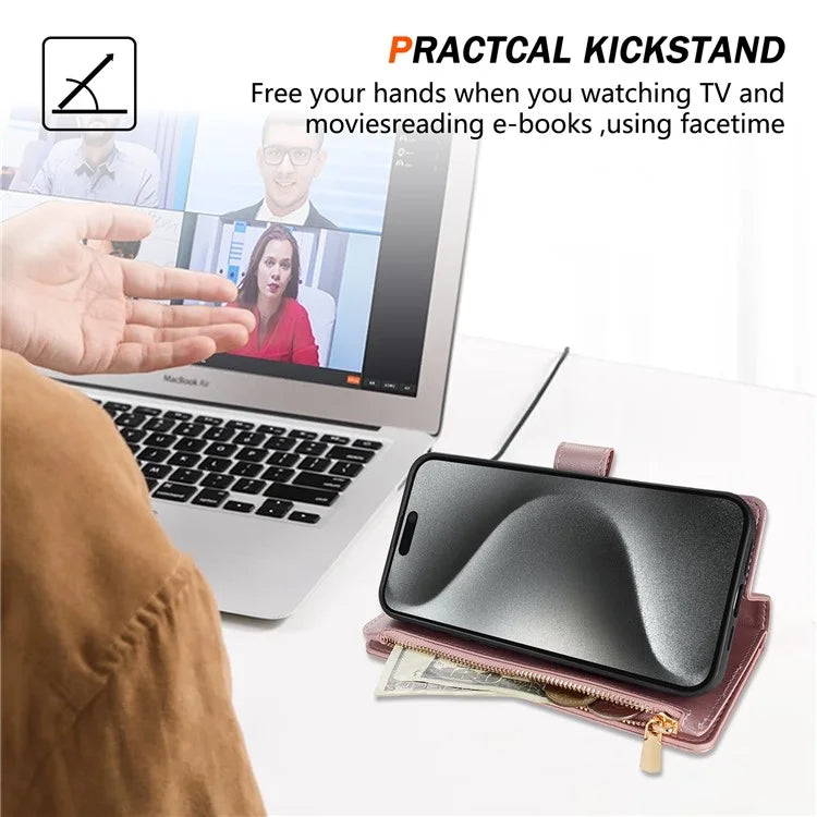 For iPhone 16 Pro Max Case Rhombus Stitching Leather Wallet Phone Cover with Long  /  Short Strap