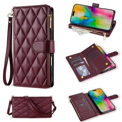 For iPhone 16 Pro Max Case Rhombus Stitching Leather Wallet Phone Cover with Long  /  Short Strap