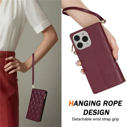 For iPhone 16 Pro Max Case Rhombus Stitching Leather Wallet Phone Cover with Long  /  Short Strap