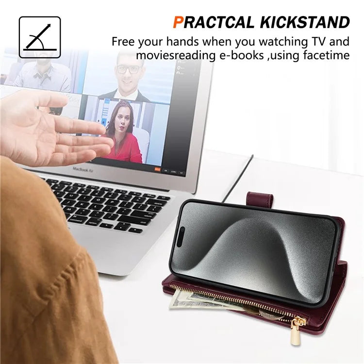 For iPhone 16 Pro Max Case Rhombus Stitching Leather Wallet Phone Cover with Long  /  Short Strap
