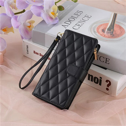 For Google Pixel 9 Pro XL Case Rhombus Stitching Leather Wallet Phone Cover with Long  /  Short Strap
