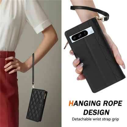 For Google Pixel 9 Pro XL Case Rhombus Stitching Leather Wallet Phone Cover with Long  /  Short Strap