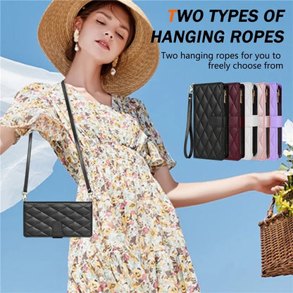 For Google Pixel 9 Pro XL Case Rhombus Stitching Leather Wallet Phone Cover with Long  /  Short Strap