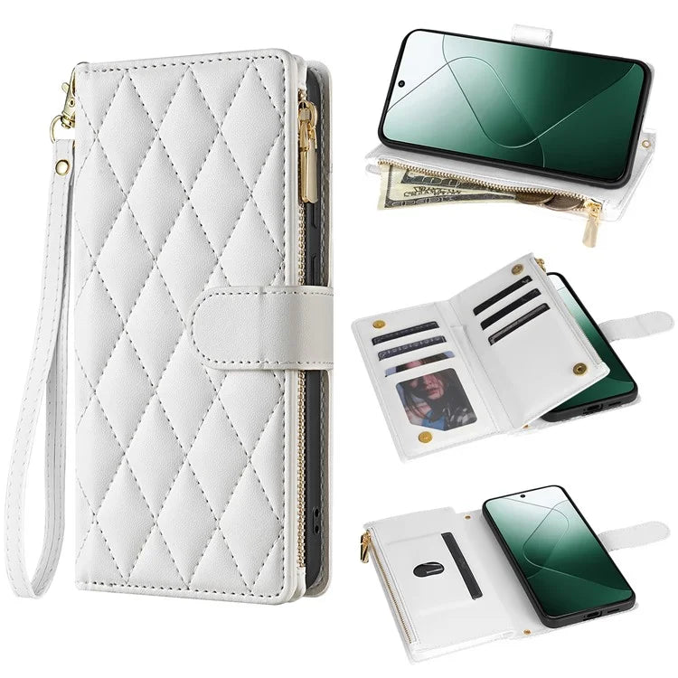 For Google Pixel 9 Pro XL Case Rhombus Stitching Leather Wallet Phone Cover with Long  /  Short Strap