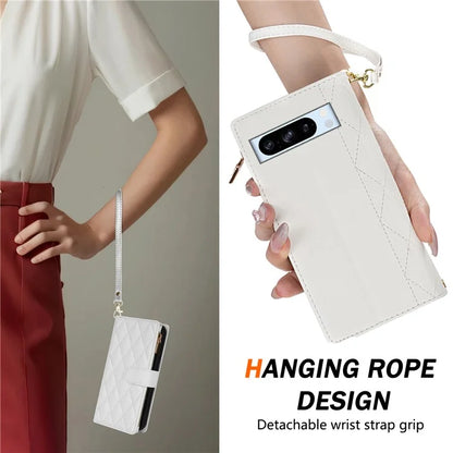 For Google Pixel 9 Pro XL Case Rhombus Stitching Leather Wallet Phone Cover with Long  /  Short Strap