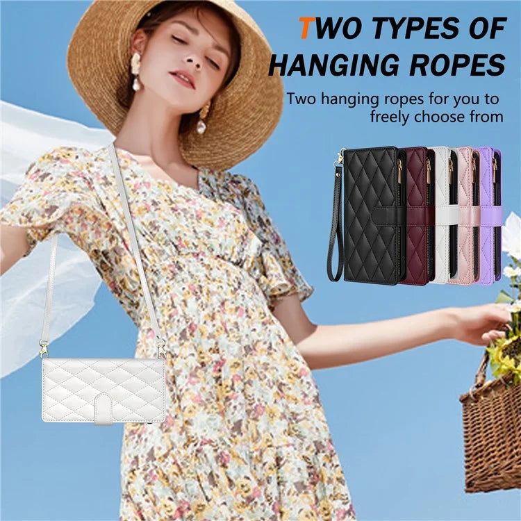 For Google Pixel 9 Pro XL Case Rhombus Stitching Leather Wallet Phone Cover with Long  /  Short Strap