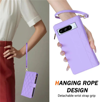 For Google Pixel 9 Pro XL Case Rhombus Stitching Leather Wallet Phone Cover with Long  /  Short Strap