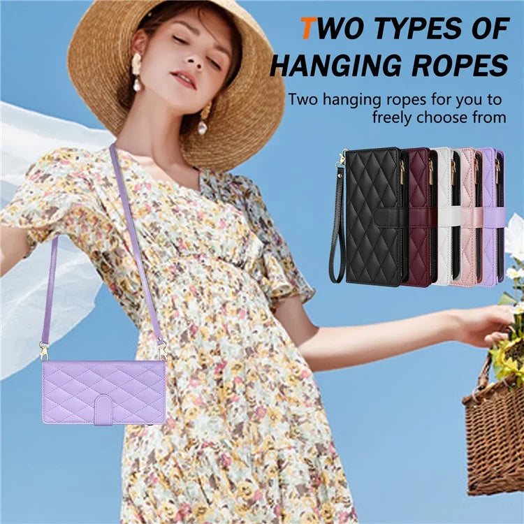 For Google Pixel 9 Pro XL Case Rhombus Stitching Leather Wallet Phone Cover with Long  /  Short Strap