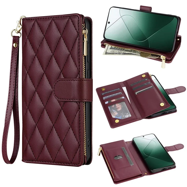 For Google Pixel 9 Pro XL Case Rhombus Stitching Leather Wallet Phone Cover with Long  /  Short Strap