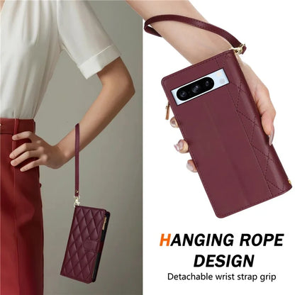 For Google Pixel 9 Pro XL Case Rhombus Stitching Leather Wallet Phone Cover with Long  /  Short Strap