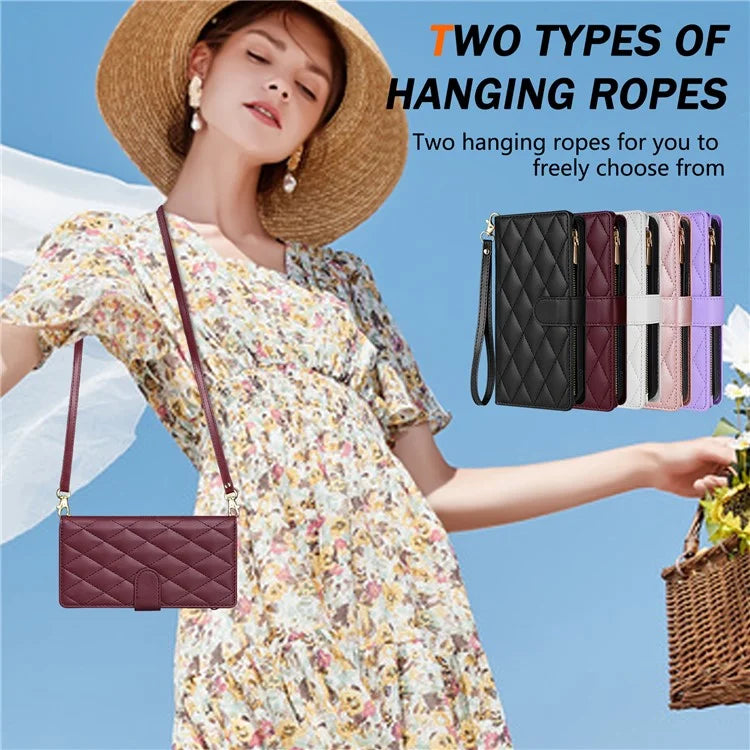 For Google Pixel 9 Pro XL Case Rhombus Stitching Leather Wallet Phone Cover with Long  /  Short Strap
