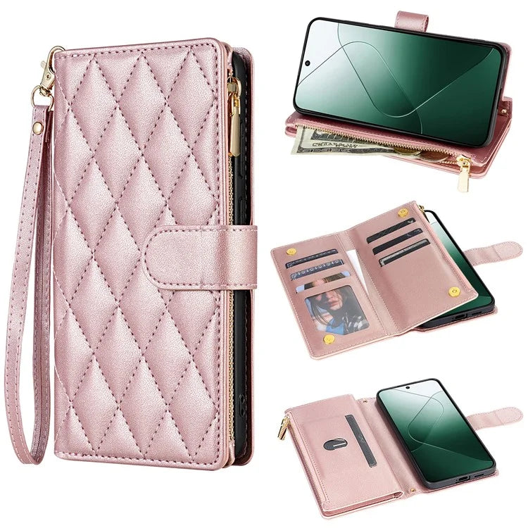 For Google Pixel 9 Pro XL Case Rhombus Stitching Leather Wallet Phone Cover with Long  /  Short Strap