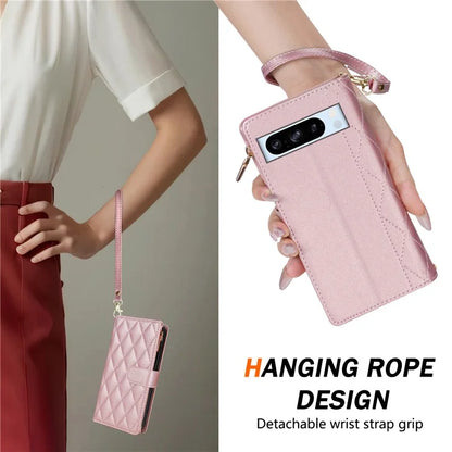 For Google Pixel 9 Pro XL Case Rhombus Stitching Leather Wallet Phone Cover with Long  /  Short Strap