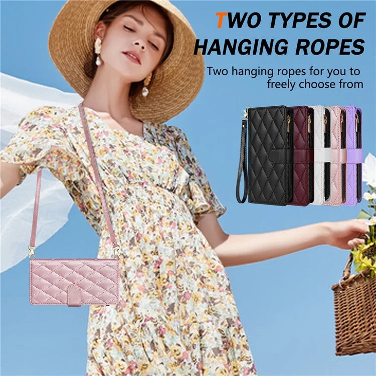 For Google Pixel 9 Pro XL Case Rhombus Stitching Leather Wallet Phone Cover with Long  /  Short Strap