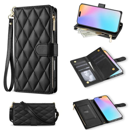 For iPhone 16 Case Rhombus Stitching Leather Wallet Phone Cover with Long  /  Short Strap