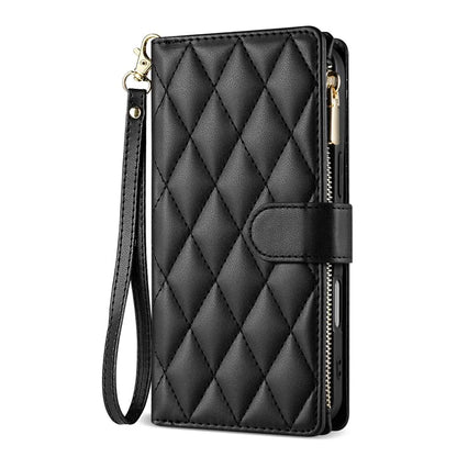 For iPhone 16 Case Rhombus Stitching Leather Wallet Phone Cover with Long  /  Short Strap