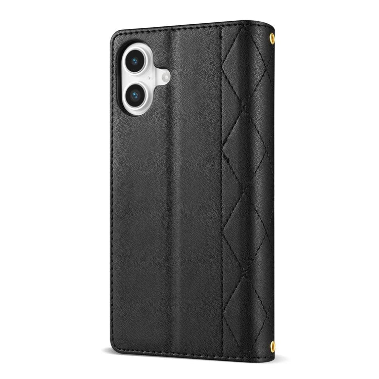 For iPhone 16 Case Rhombus Stitching Leather Wallet Phone Cover with Long  /  Short Strap