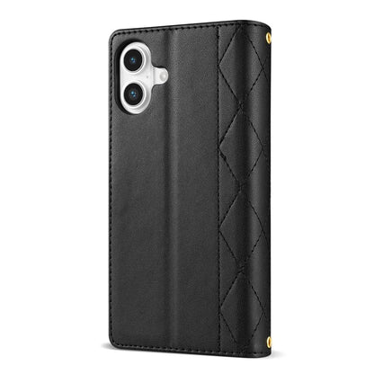 For iPhone 16 Case Rhombus Stitching Leather Wallet Phone Cover with Long  /  Short Strap