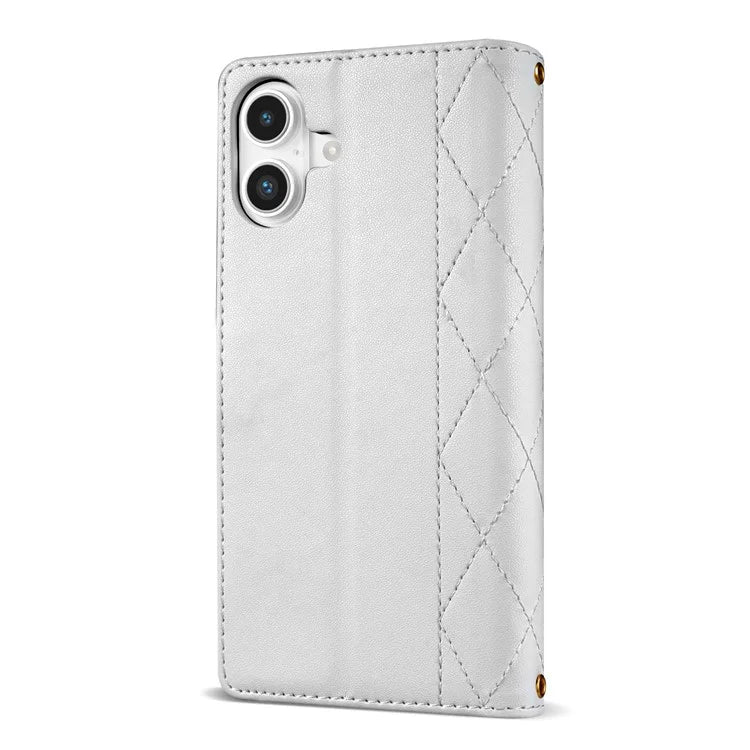 For iPhone 16 Case Rhombus Stitching Leather Wallet Phone Cover with Long  /  Short Strap