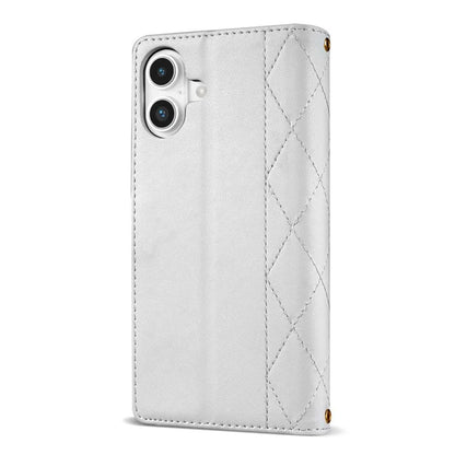 For iPhone 16 Case Rhombus Stitching Leather Wallet Phone Cover with Long  /  Short Strap