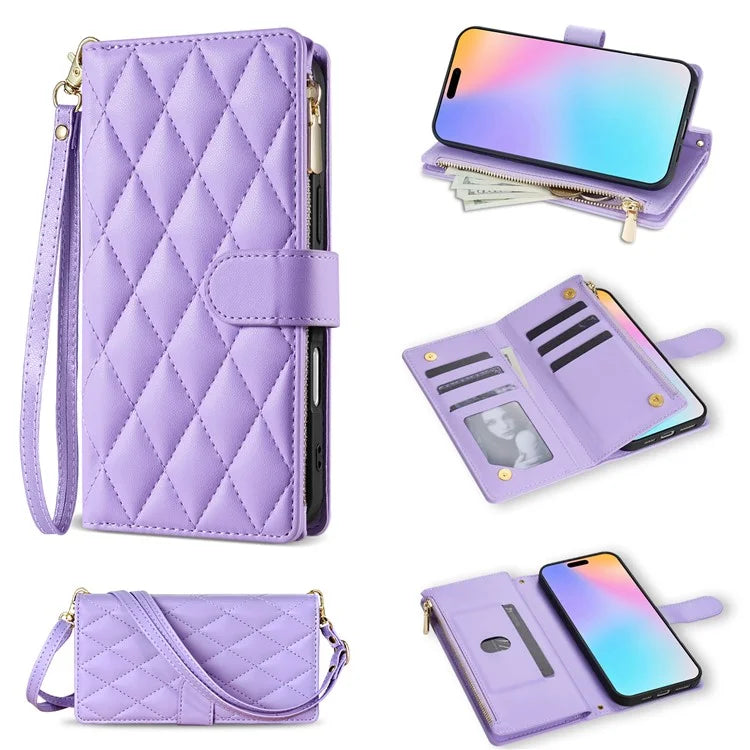 For iPhone 16 Case Rhombus Stitching Leather Wallet Phone Cover with Long  /  Short Strap