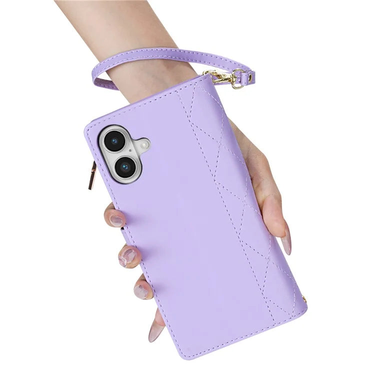 For iPhone 16 Case Rhombus Stitching Leather Wallet Phone Cover with Long  /  Short Strap