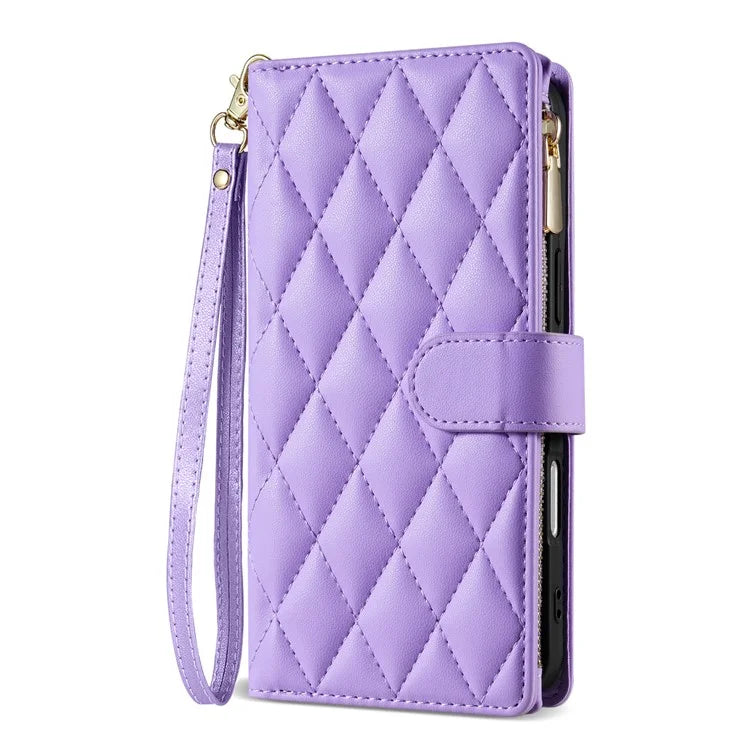 For iPhone 16 Case Rhombus Stitching Leather Wallet Phone Cover with Long  /  Short Strap