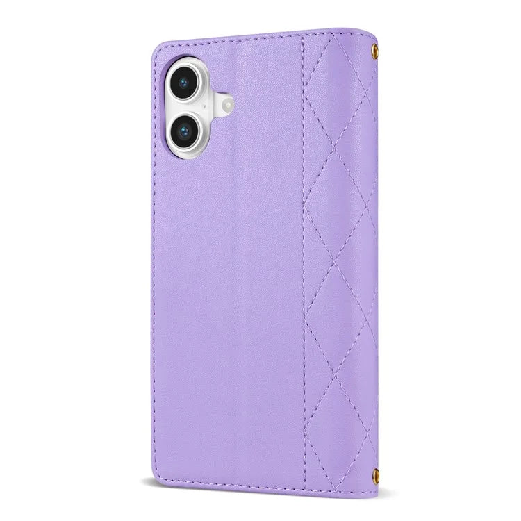 For iPhone 16 Case Rhombus Stitching Leather Wallet Phone Cover with Long  /  Short Strap