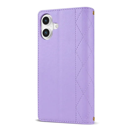 For iPhone 16 Case Rhombus Stitching Leather Wallet Phone Cover with Long  /  Short Strap