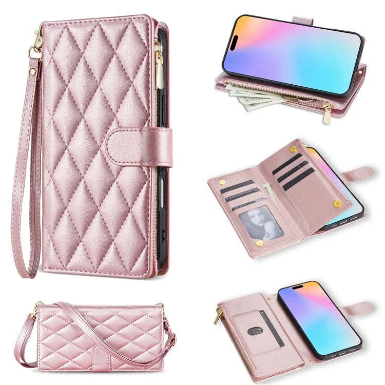 For iPhone 16 Case Rhombus Stitching Leather Wallet Phone Cover with Long  /  Short Strap