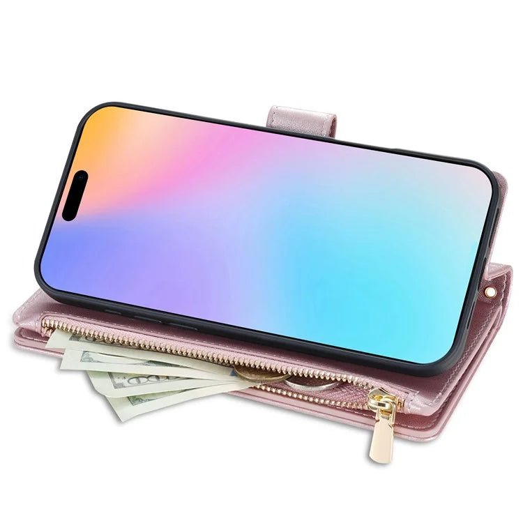 For iPhone 16 Case Rhombus Stitching Leather Wallet Phone Cover with Long  /  Short Strap