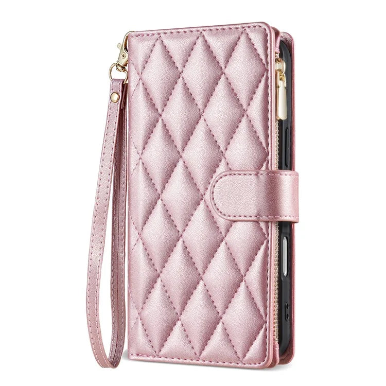 For iPhone 16 Case Rhombus Stitching Leather Wallet Phone Cover with Long  /  Short Strap