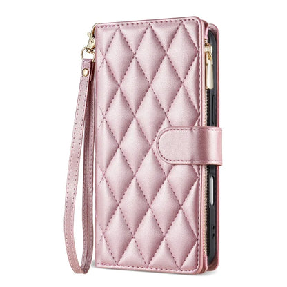 For iPhone 16 Case Rhombus Stitching Leather Wallet Phone Cover with Long  /  Short Strap