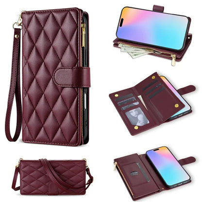For iPhone 16 Case Rhombus Stitching Leather Wallet Phone Cover with Long  /  Short Strap