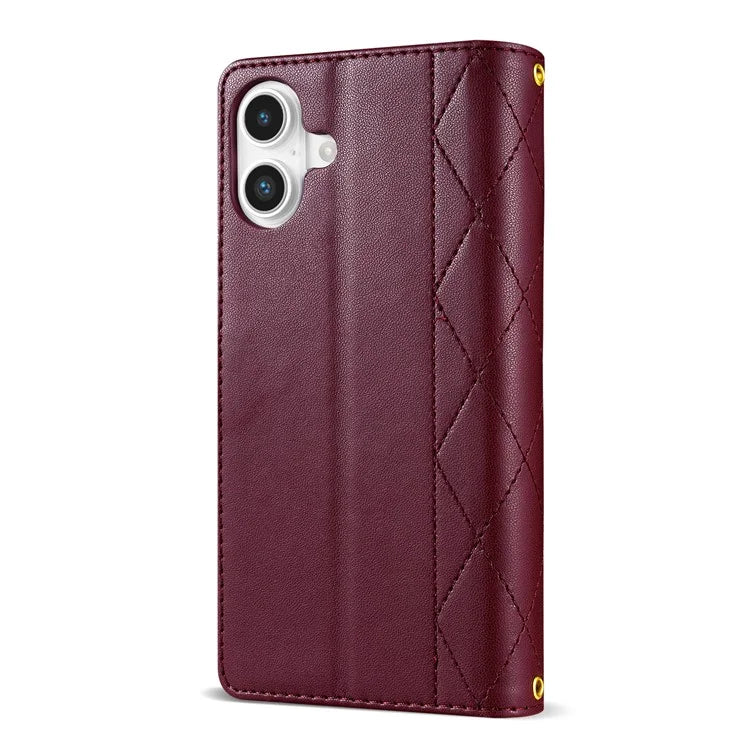For iPhone 16 Case Rhombus Stitching Leather Wallet Phone Cover with Long  /  Short Strap